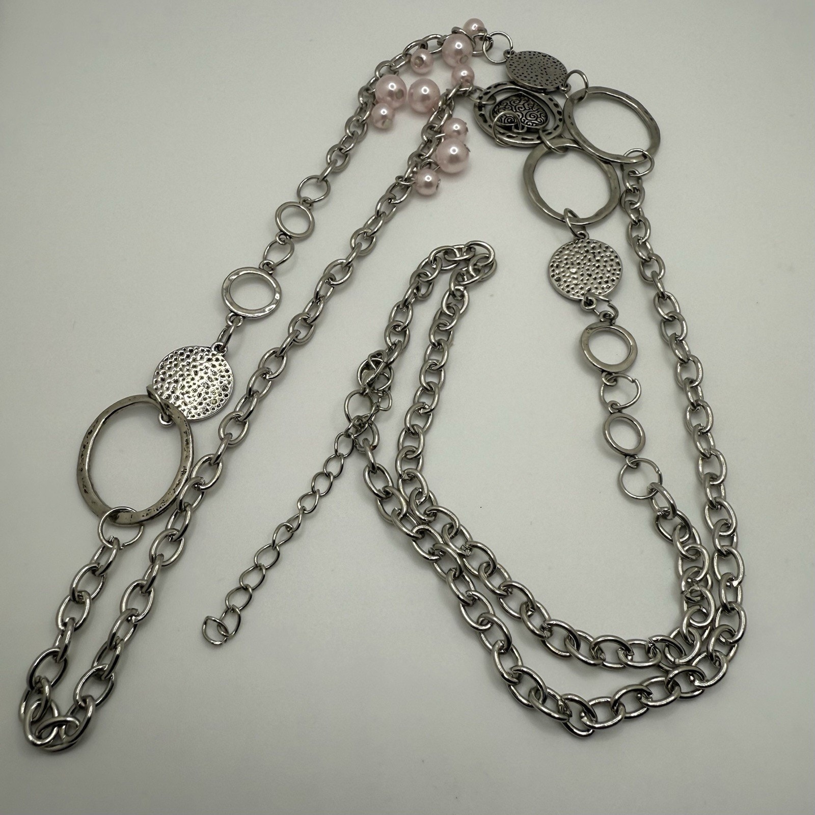 Silver Tone Necklace Faux Pink Pearl Heart Charm Long 40” + 3” Extender